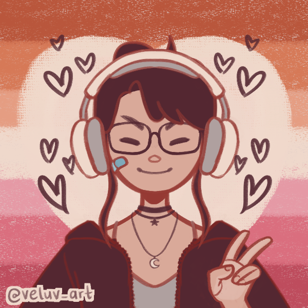 picrew avatar of a person with dark brown hair in a bun and lighter skin. they are wearing a grey tank top with a black, zipper hoodie over it, a pair of white over-ear headphones, large glasses, and two necklaces. their hand is raised with a peace sign and they are smiling.