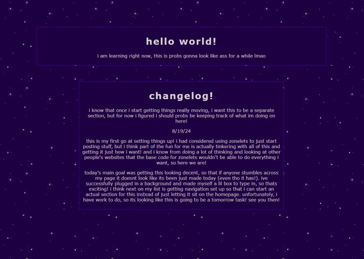 Screenshot of my website with one box that says 'hello world!' and another that has a changelog